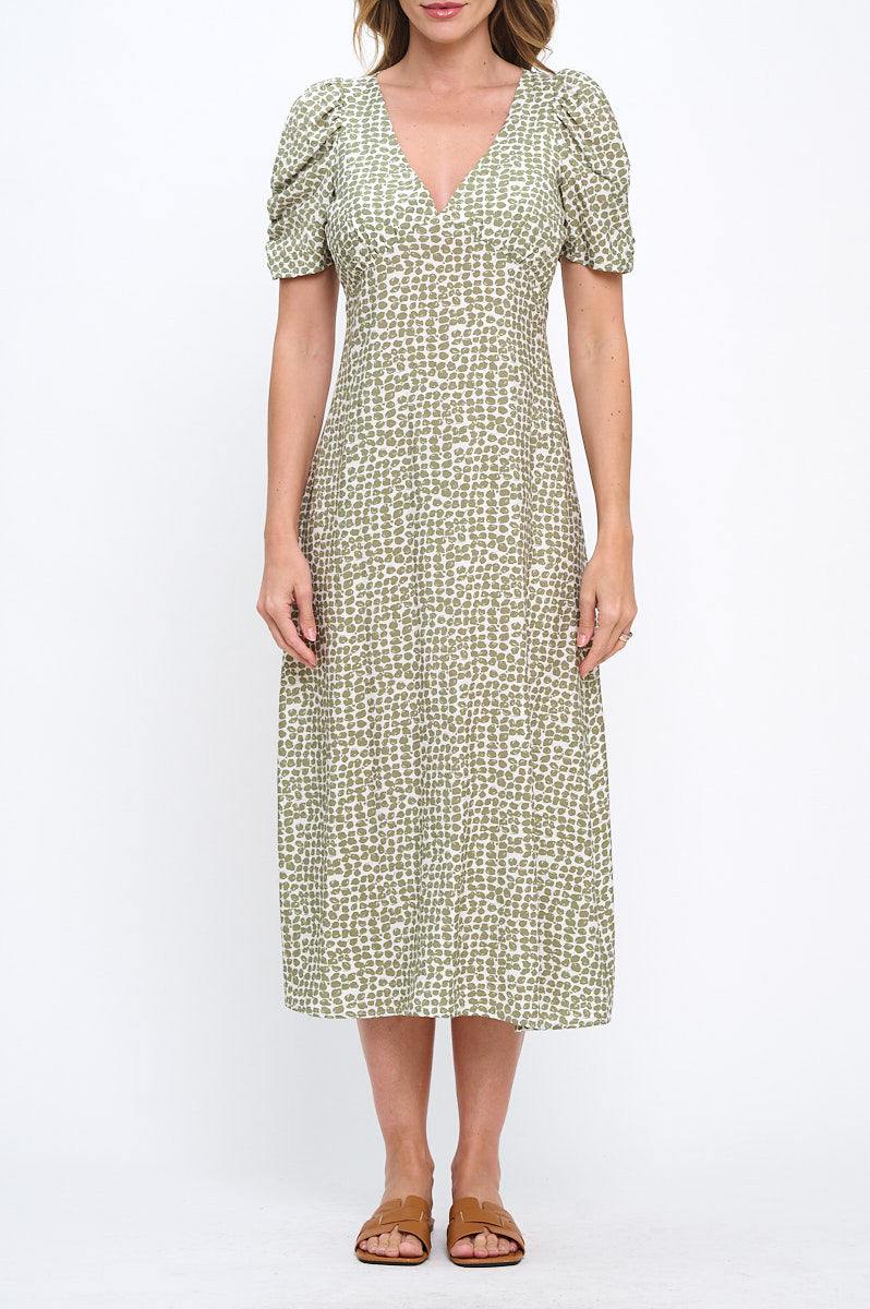 Abstract Print V neck Midi Dress with Scrunch Sleeve-1