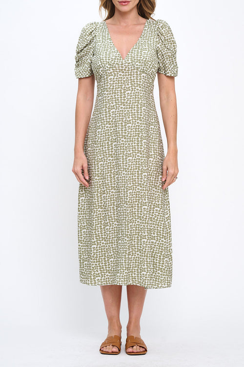 Abstract Print V neck Midi Dress with Scrunch Sleeve-1