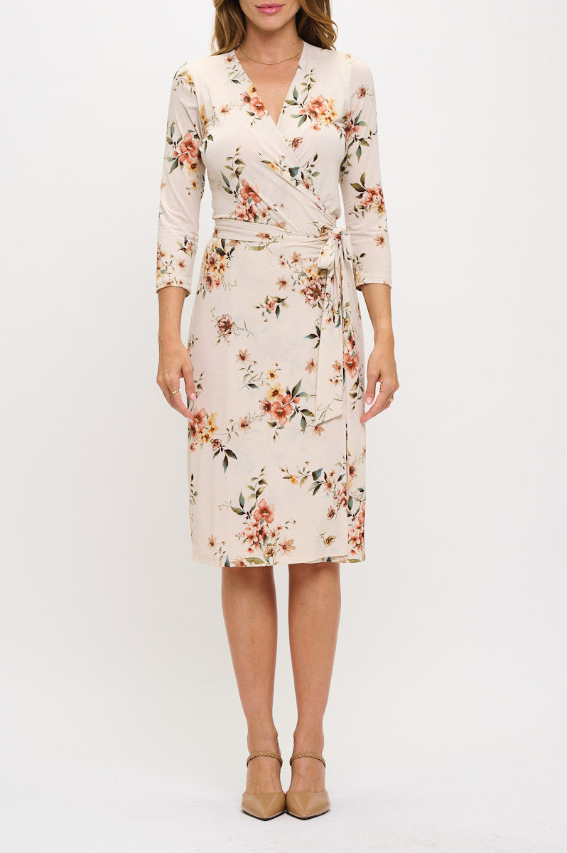 Floral Print V neck Jersey Wrap Dress with Tie-1