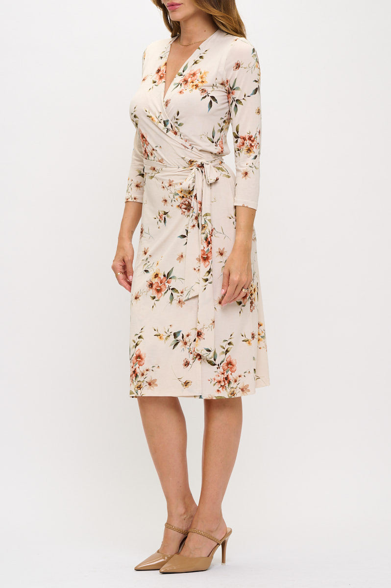 Floral Print V neck Jersey Wrap Dress with Tie-2