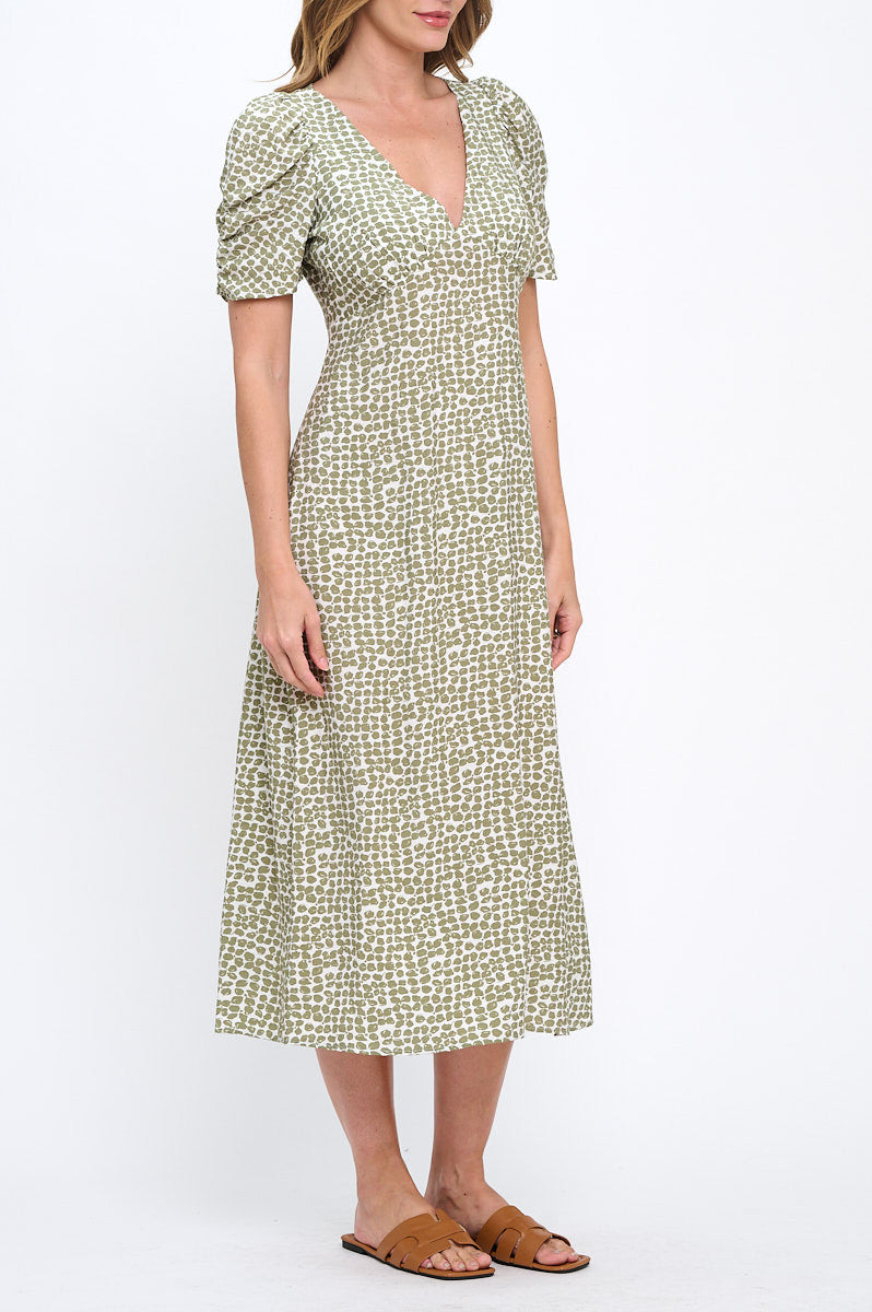 Abstract Print V neck Midi Dress with Scrunch Sleeve-2