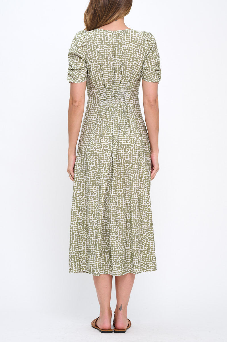 Abstract Print V neck Midi Dress with Scrunch Sleeve-3
