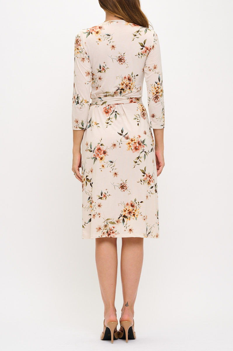 Floral Print V neck Jersey Wrap Dress with Tie-3