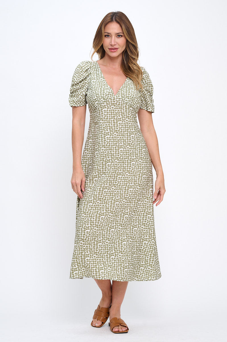 Abstract Print V neck Midi Dress with Scrunch Sleeve-4